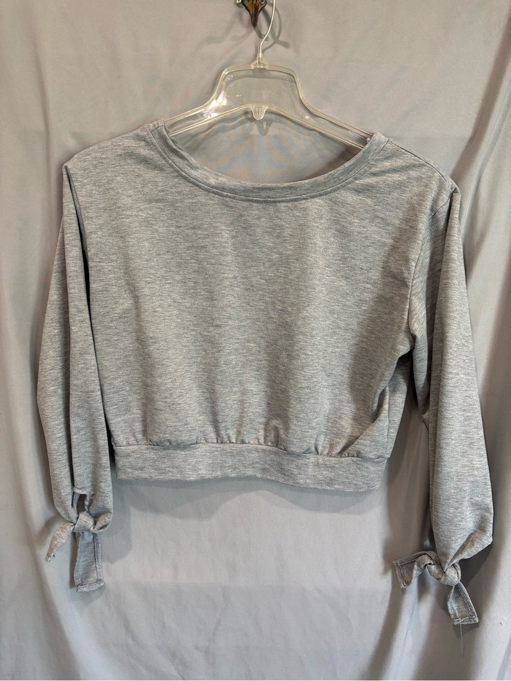 Women’s Gray Cropped Sweatshirt with Tie Sleeve Detail